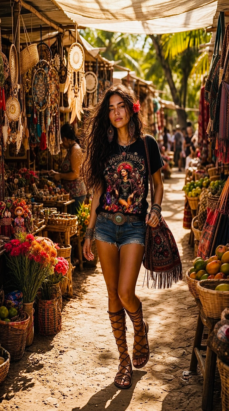 Boho Frida Black Organic Tee