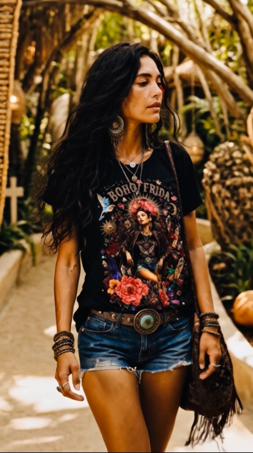 Boho Frida Black Organic Tee